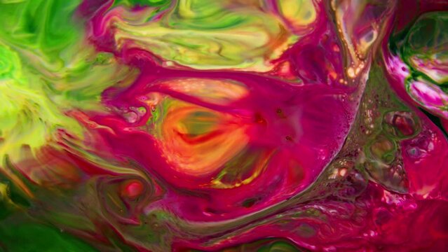 Abstract background with psychedelic painting in colorful vivid colors. Organic effect with fluid painting moving and sliding slowly. Swirls and spreading.