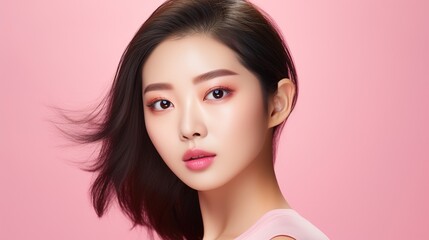 Fototapeta premium cheerful girl receives a beauty treatment. Beautiful natural woman contemplating the copy space, spa, and wellness concept. 