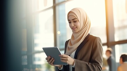 Fototapeta premium woman hijab using tablet computer in office