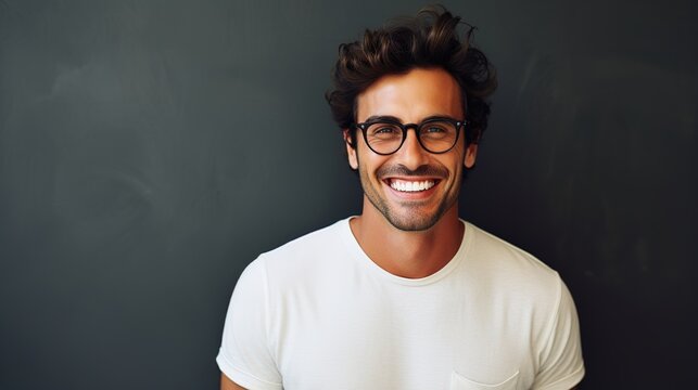 portrait of a smiling handsome man with glasses on studio background