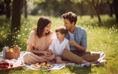 Family having a picnic in a sunny park smiling and enjoying their meal. Generative AI