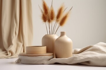 Fototapeta na wymiar Rabbit tail grass in beautiful tan vase, wooden storage box, neutral beige blanket against white wall. Aesthetic minimal hygge interior design concept. generative ai.