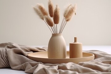 Fototapeta na wymiar Rabbit tail grass in beautiful tan vase, wooden storage box, neutral beige blanket against white wall. Aesthetic minimal hygge interior design concept. generative ai.