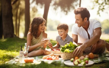 Family having a picnic in a sunny park smiling and enjoying their meal. Generative AI