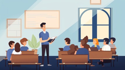 illustration of a school with teacher and students