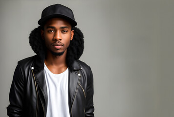 Stylish rapper in leather jacket and baseball cap - obrazy, fototapety, plakaty