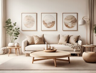 Modern Living Room, Scandinavian Style Interior with Beige Sofa, Wooden Round Coffee Table, and White Wall Adorned with Three Frames.