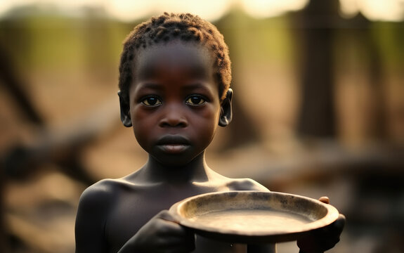 Children malnourished body holding an empty plate in a developing country.