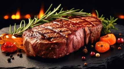 Beef steak on slate plate.