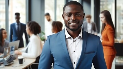 Obraz premium Positive confident professional, Black Businessman with colleagues in the background in office.