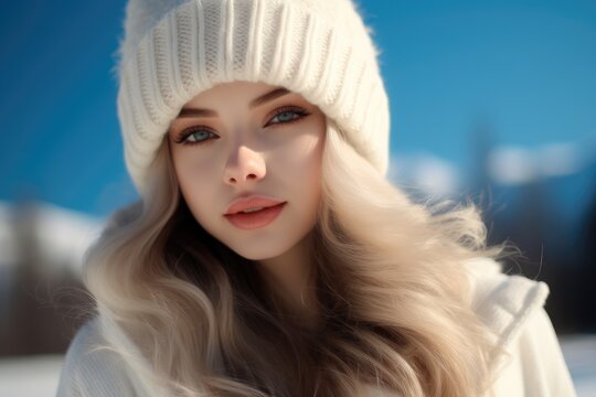 Beautiful woman wear A white knitted cap with blond hairs.