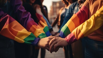 Obraz premium Spirit of unity and support for LGBTQ community, Social activism campaigns, Diverse group of people holding hands with the LGBTQ rainbow flag, Top view.