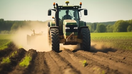 Farmer using a tractor and planting implement, Plants potatoes in the fertile farm fields.