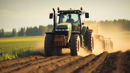 Obraz premium Farmer using a tractor and planting implement, Plants potatoes in the fertile farm fields.