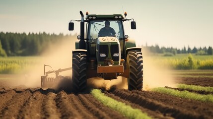 Farmer using a tractor and planting implement, Plants potatoes in the fertile farm fields.