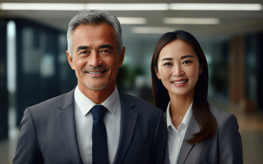 Portrait of positive professional business man and woman in modern office, Business people.