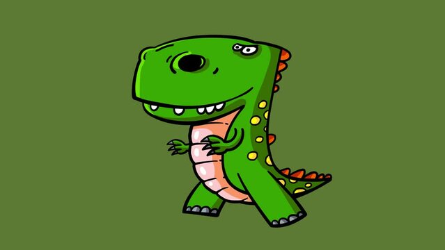 Cartoon dinosaur tyrannosaurus green walking cycle isolated. Cute 2d hand made prehistoric animal character animation good for any use. 