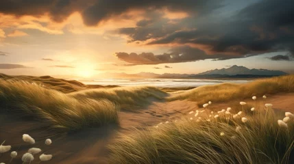 Photo sur Plexiglas Mer du Nord, Pays-Bas Landscape of a prairie with long grass at sunrise.