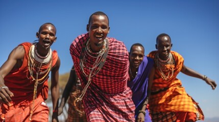 Maasai Mara man showing traditional Maasai jumping dance, Tribe, culture. - obrazy, fototapety, plakaty