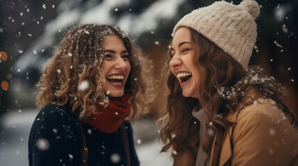 Young women laughing in the snowy Christmas ambiance.