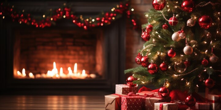 Christmas tree and decorations by a fireplace with presents and gifts