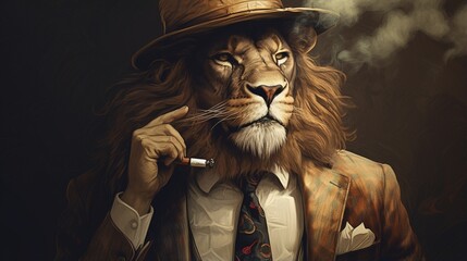 a graceful picture of a suave lion, sporting a cap and smoking a pipe, framed against a pristine...