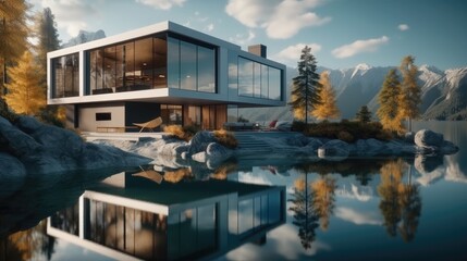 Modern concrete house and glass house design on a mountain lake.