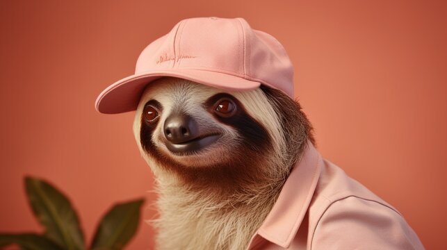 a mesmerizing image of a suave sloth in a cap on a muted coral background."