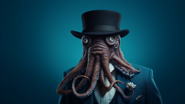 a mesmerizing picture of a well-dressed walrus in a trendy cap on a deep ocean blue background."