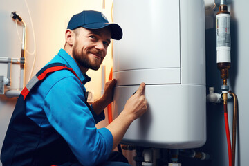 Fototapeta na wymiar Plumber installing water heater at new home.