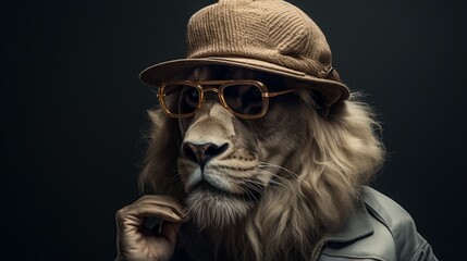 a sophisticated image of a suave lion, sporting a cap and smoking a pipe, framed against a pristine...