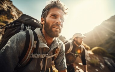 Fototapeta premium Nature Enthusiast Trekking through Mountain Terrain. Generative AI