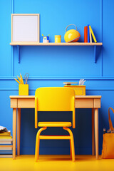 3D Rendered School Desk Setup with Yellow Backpack and School Accessories on a Blue Background