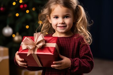 Fototapeta na wymiar Toddler girl holding a present from Christmas