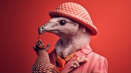an image of a trendy pangolin sporting a cap and holding a smoking pipe against a chic coral background.