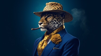 an opulent illustration of a classy cheetah, in a cap with a smoke pipe, set against a velvety indigo background. - obrazy, fototapety, plakaty