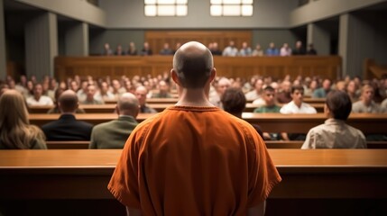 Convict in an orange suit speaks in the courtroom, Guilty arrested person.