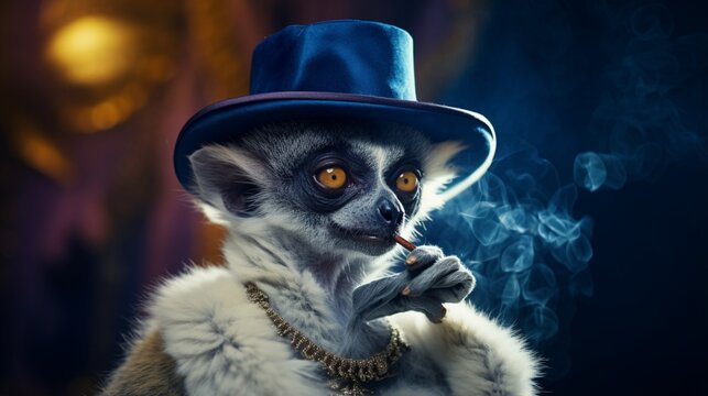 an image of a trendy lemur sporting a cap and holding a smoking pipe against an opulent sapphire background.