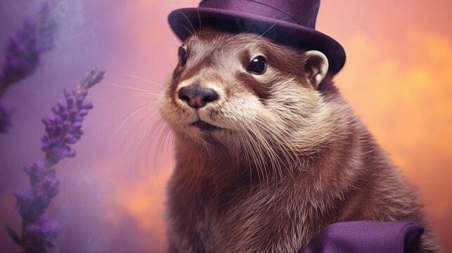an image of a trendy otter sporting a cap and holding a smoking pipe against a chic lavender background.