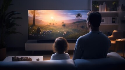 Son and dad sitting on the couch looking at the TV in front of them in living room at evening.