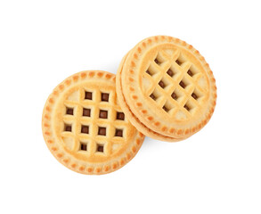Tasty sandwich cookies with cream isolated on white, top view
