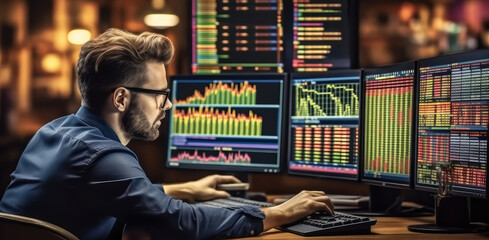 Operational data analysis, Man trader at work on a computer with a multi-monitor workstation with various charts and digital data.