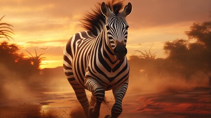 Fototapeta na wymiar Create a chic zebra in spectacles, galloping across an amber savannah at twilight.