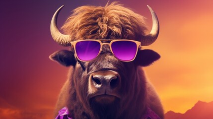 Create a stylish bison with sunglasses, standing confidently against a vibrant lavender background.