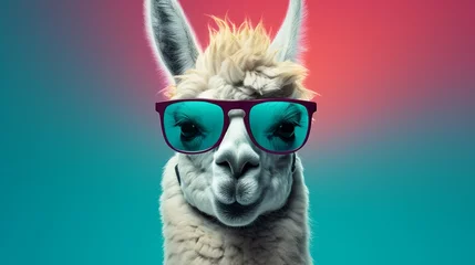 Schilderijen op glas Create a stylish llama with sunglasses, standing confidently against a vibrant teal background. © Ullah