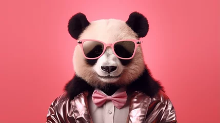 Foto op Canvas Create a stylish panda with sunglasses, standing confidently against a vibrant rose gold background. © Ullah