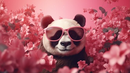 Create a stylish panda with sunglasses, standing confidently against a vibrant rose gold background.