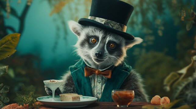 "Craft an enchanting scene featuring a dapper lemur donning a cap on a tranquil teal background."