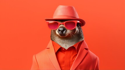 Design a fashionable platypus in chic shades, posing gracefully on a minimalist coral backdrop.