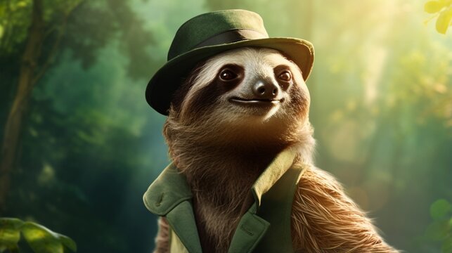 "Design a captivating picture of a fashion-savvy sloth wearing a cap on a lush forest green background."